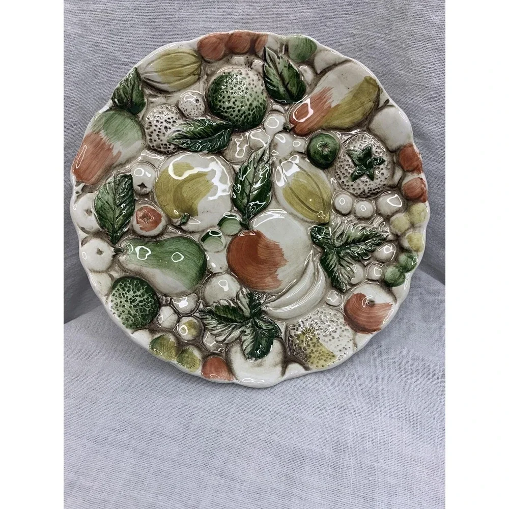 Lefton's Pedestal Dessert Plate Majolica Style Raised Fruit Design 8.5
